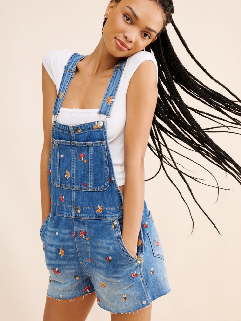 DRIFTWOOD Embroidered Denim Shortalls Medium Blue Mushroom Print Size Large